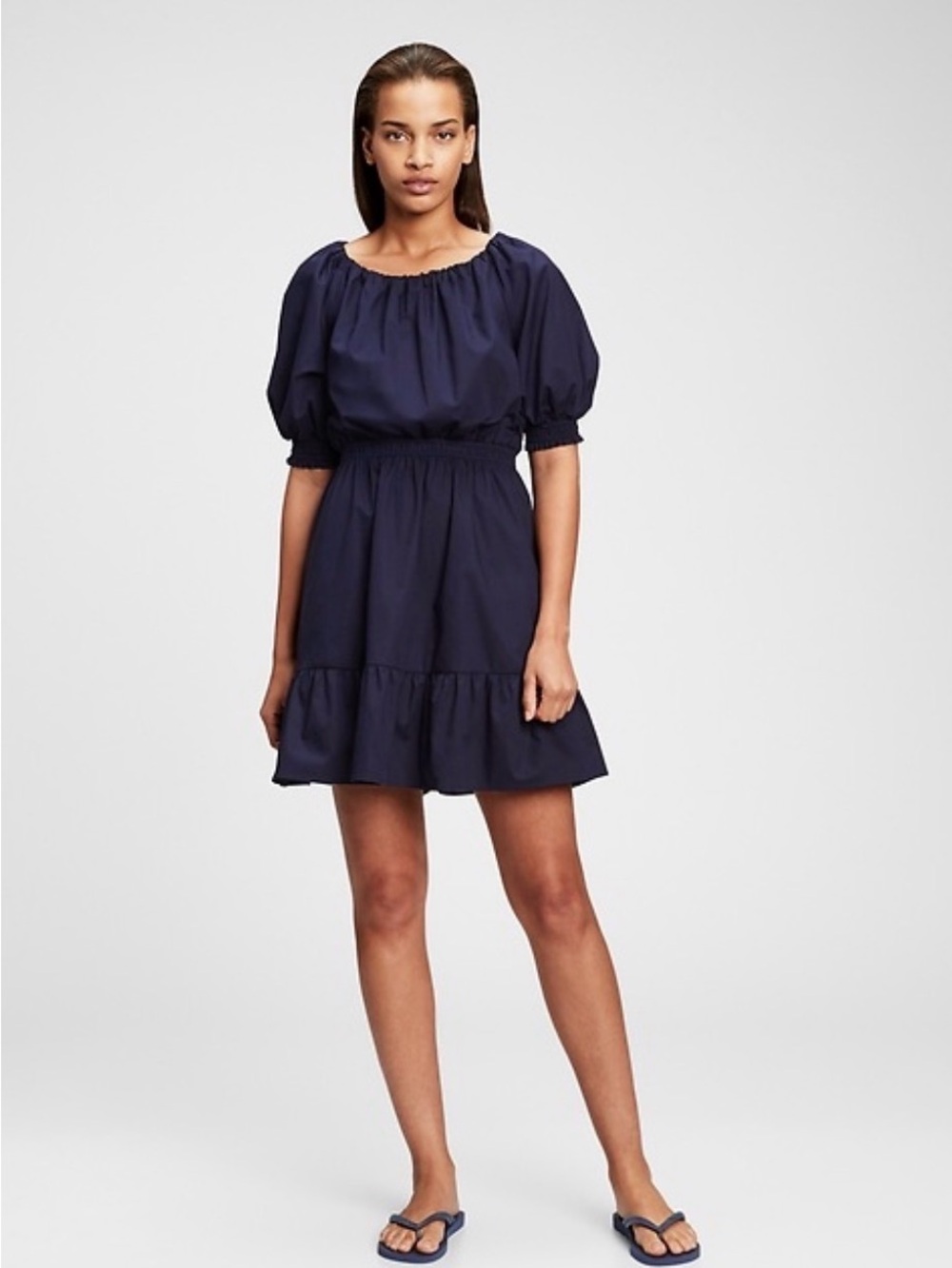 GAP Navy Puff-Sleeve Smocked-Waist Mini Dress
